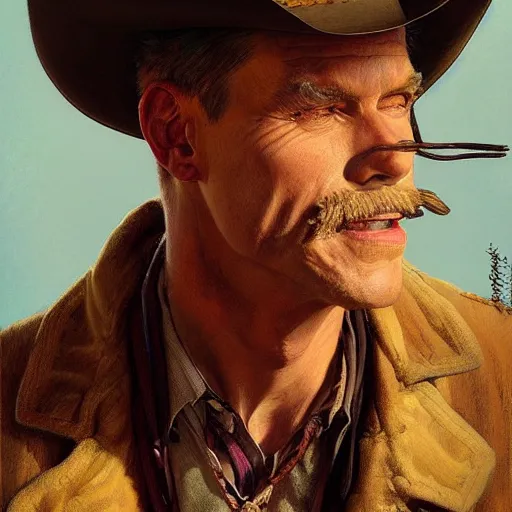 Image similar to a man, cowboy hat, portrait, wild west, fantasy, highly detailed, digital painting, artstation, concept art, sharp focus, illustration, art by J. C. Leyendecker and norman rockwell and artgerm and greg rutkowski and alphonse mucha