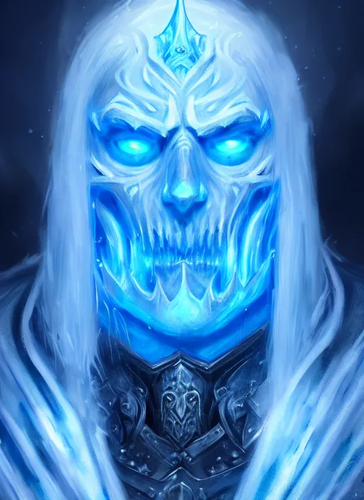 Prompt: portrait of a arthas the lich king, cold, glowing blue spirits, ghosts, intricate, elegant, highly detailed, digital painting, artstation, concept art, smooth, sharp focus, illustration, art by wlop, mars ravelo and greg rutkowski