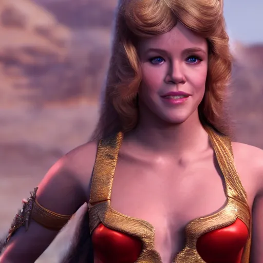 Image similar to young jane fonda as dejah thoris : : octane render, unreal engine 5, cinematic lighting