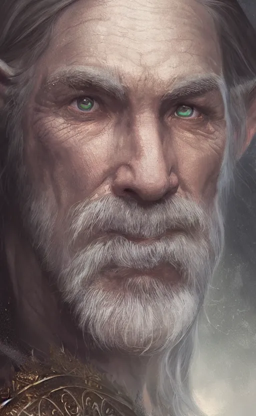 Prompt: Portrait of an elf in his 50s wearing a wizards robes, male, detailed face, fantasy, highly detailed, cinematic lighting, digital art painting by greg rutkowski