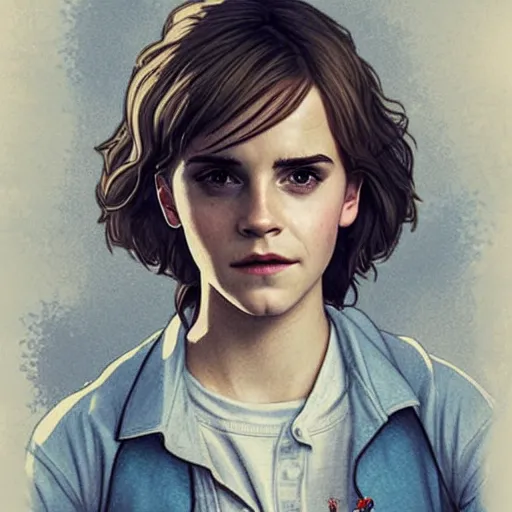 Image similar to Emma Watson in the show Stranger Things, digital painting, artstation, concept art, sharp focus, illustration, art by greg rutkowski and alphonse mucha, highly detailed