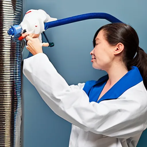 Prompt: woman in a lab coat leaning against a large compressed air tank. she's smirking while holding on to the tank's valve. a hose connects the tank to her mouth.