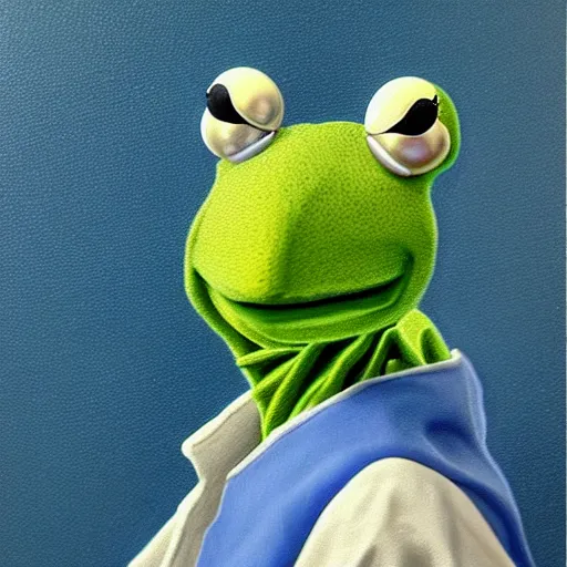 Image similar to kermit with a pearl earring, incredibly detailed, hyperrealistic, stylistic, painting