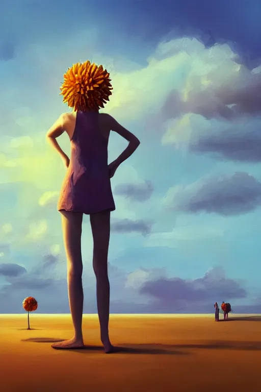 Image similar to closeup giant dahlia flower head, girl standing on beach, surreal photography, blue sky, sunrise, dramatic light, impressionist painting, digital painting, artstation, simon stalenhag