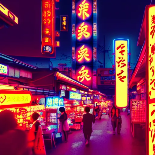 Prompt: japanese market in cyberpunk style with droids, bright neon signs, sunny weather, rendered in octane 4 k, dramatic moody lighting