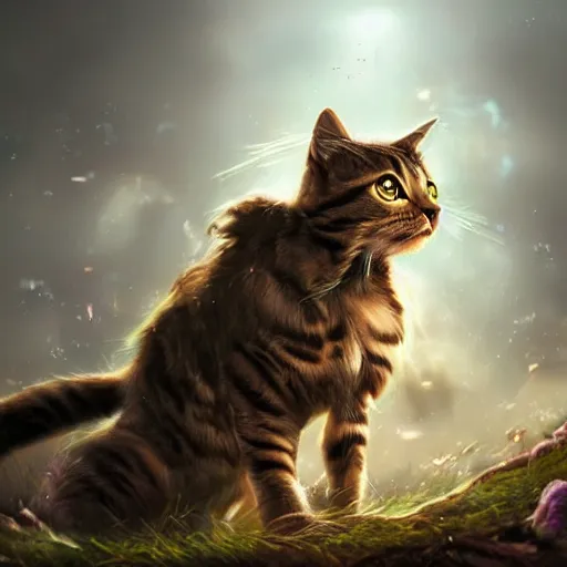 Image similar to a hyper realistic cat warrior, ultra detailed, magic the gathering art, digital art, cinematic, studio lighting, background battlefield, fantasy,