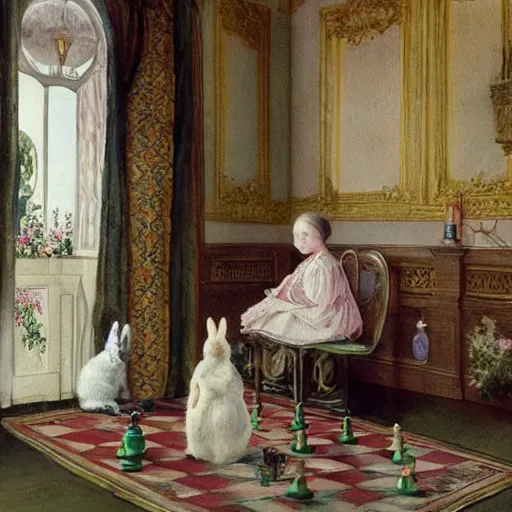 Prompt: a young edwardian woman playing chess against a rabbit in a beautiful victorian living room, in the style of Carl Larsson