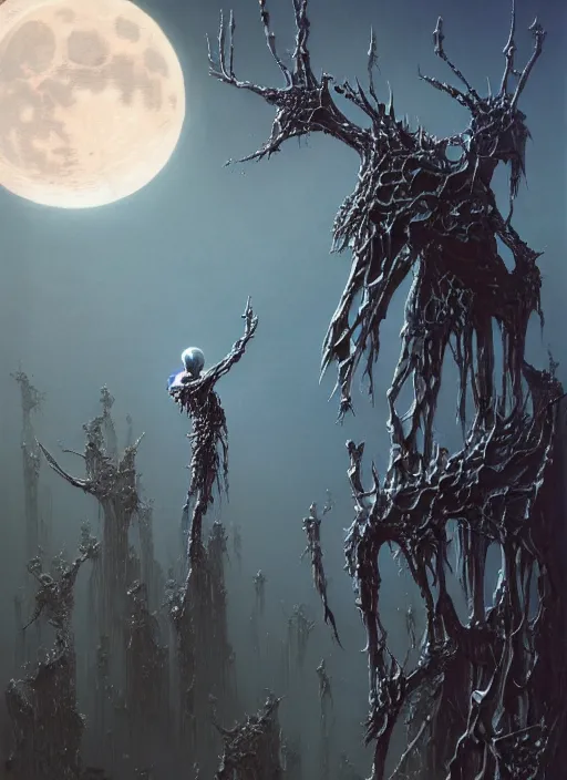 Image similar to blockchain headquater alie bishop by zdzislaw beksinski, ralph bakshi and hajime sorayama. spiky bones everywhere, the moon is big as a the night, high fashion, intricate details, by james jean, hd, 8 k, trending on artstation, uhd