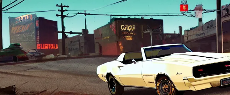 Image similar to Ermine White Chevrolet Camaro Z28 Convertible (1967), red interior, a gritty neo-noir, dramatic bright lighting, cinematic, establishing shot, extremely high detail, photorealistic, cinematic lighting, artstation, by simon stalenhag, Max Payne (PC) (2001)