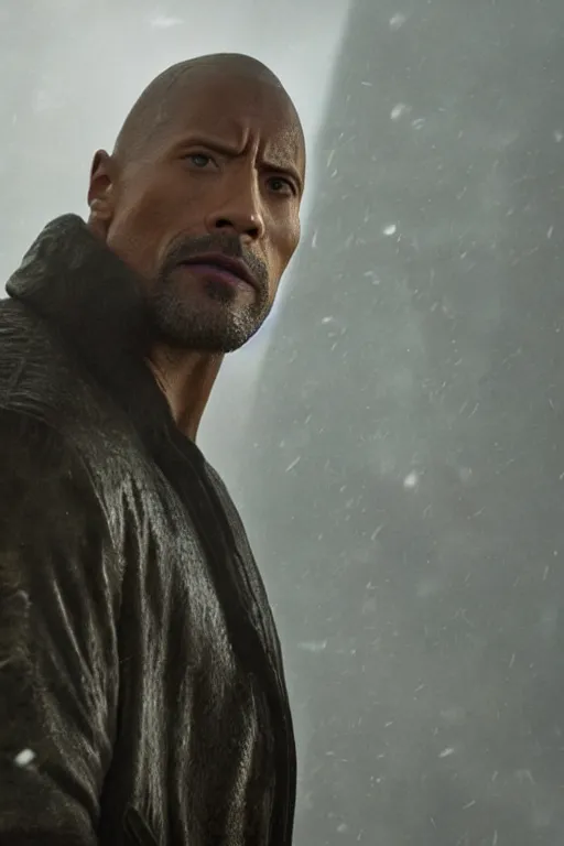 Image similar to An epic cinematic film still of Dwayne Johnson in the movie Blade Runner: 2049.