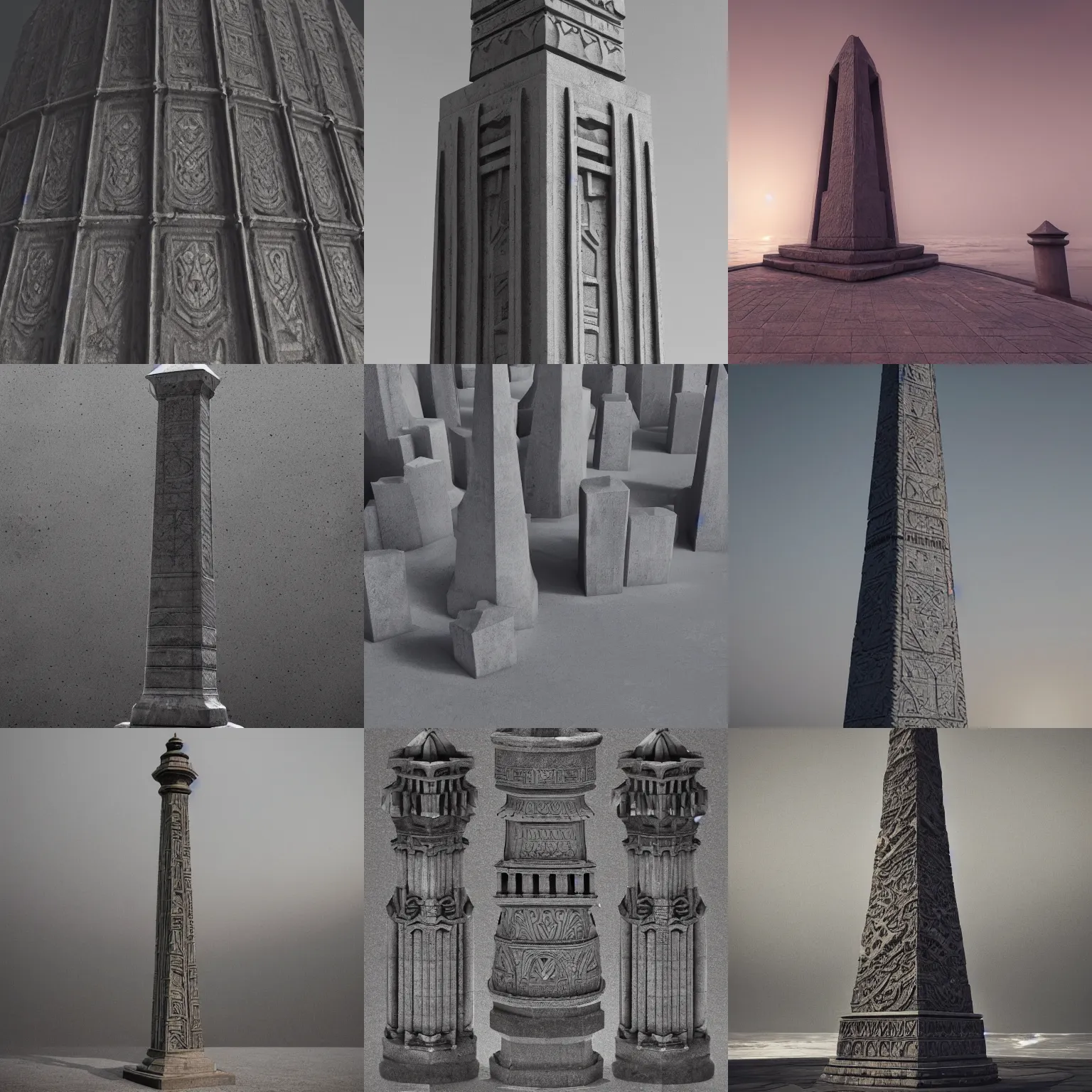 Prompt: detailed intricate carved geometric obelisk lighthouse, made of stone and concrete, brutalism style, dark and misty, full shot, full height, 8K octane render