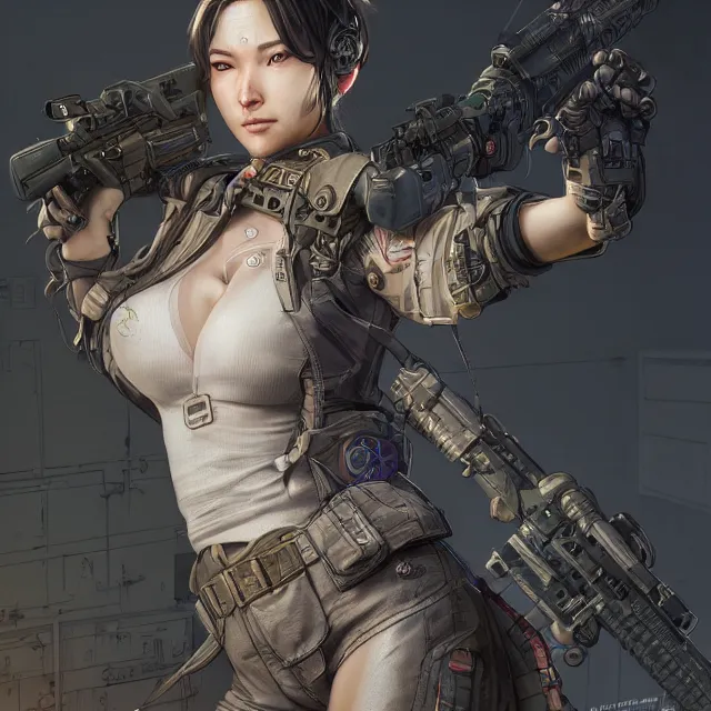 Image similar to the portrait of lawful neutral female cyberpunk marine sniper as absurdly beautiful, gorgeous, elegant, young gravure idol, an ultrafine hyperdetailed illustration by kim jung gi, irakli nadar, intricate linework, bright colors, octopath traveler, final fantasy, unreal engine 5 highly rendered, global illumination, radiant light, detailed and intricate environment