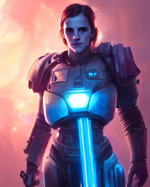 Prompt: portrait, emma watson in starcraft ii, sci - fi, futuristic armor with blue neon lights, space marine, dramatic lighting, highly detailed, digital painting, 3 d render, hyper realistic detailed portrait, greg rutkowski, wlop, ruan jia, peter mohrbacher