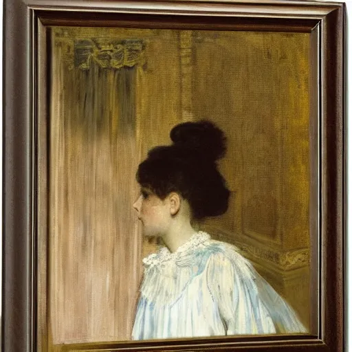 Image similar to young actress looking through the curtain in the theatre by alfred stevens