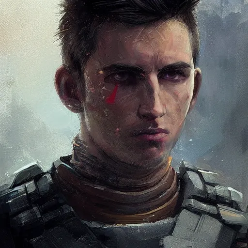 Image similar to Portrait of a man by Greg Rutkowski, he is about 20 years old, mixture turkish and russian, short dark blonde hair with bangs, attractive, angry but resigned look, he is wearing a futuristic tactical gear, highly detailed portrait, scifi, digital painting, artstation, concept art, smooth, sharp foccus ilustration, Artstation HQ.