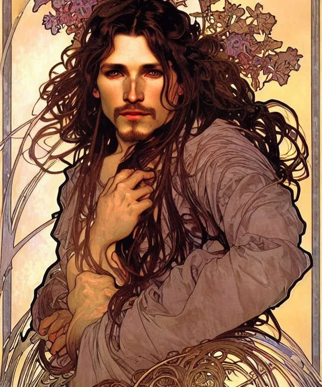 Prompt: realistic detailed face portrait of a male wolfman by alphonse mucha, ayami kojima, amano, greg hildebrandt, and mark brooks, male, masculine, art nouveau, neo - gothic, gothic, character concept design