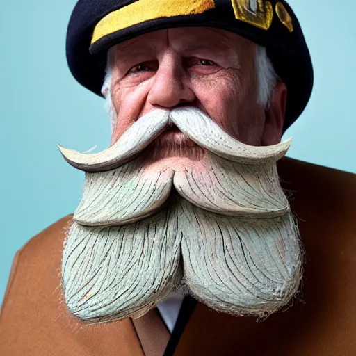 Image similar to a portrait of a wood-carved, painted, pastel colored, wooden, old-age, grumpy ship captain, white beard and mustache, pastel black uniform, tobacco pipe on his mouth, looking straight at the camera, children's toy, studio lighting, sharp