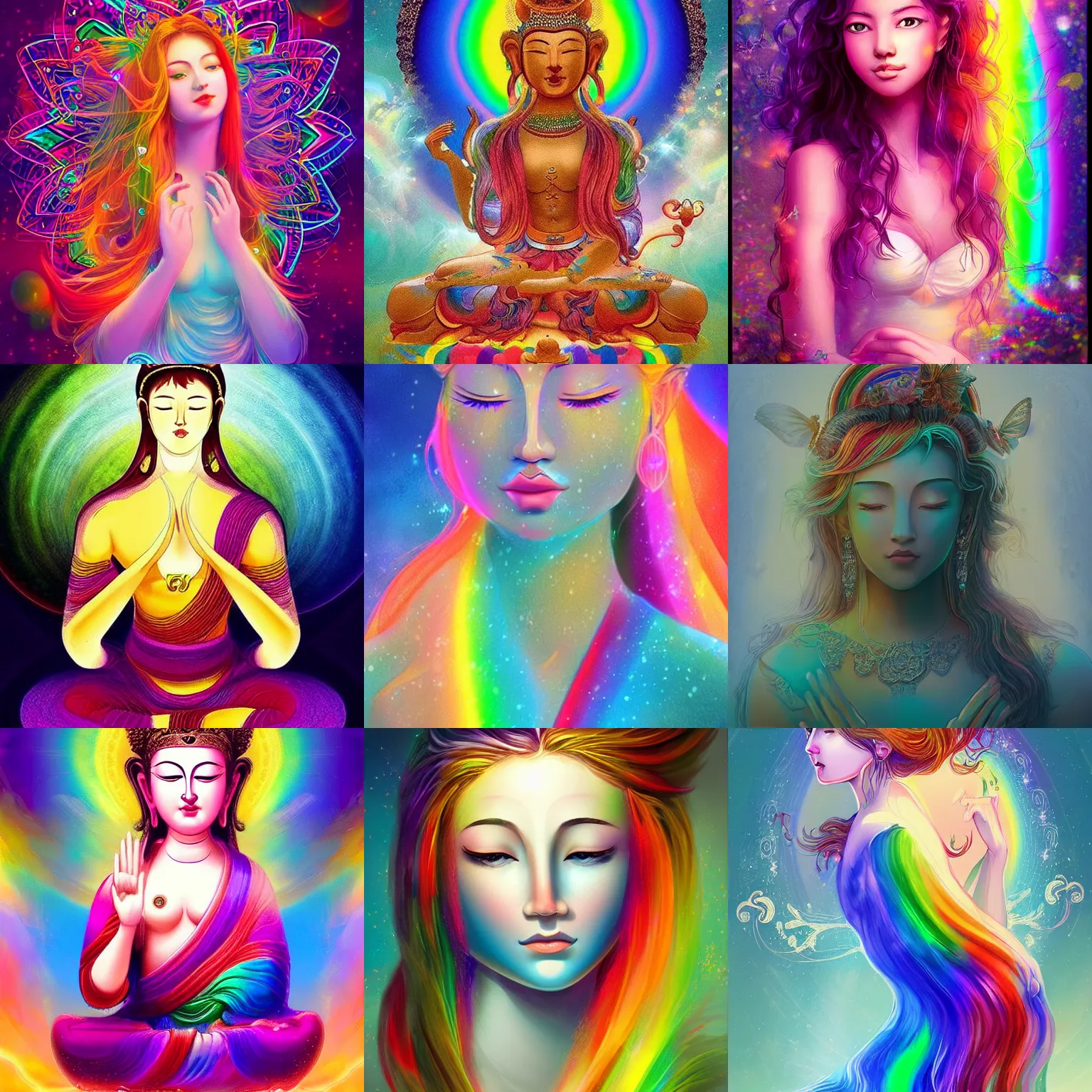 Prompt: endless magical rainbow contented beautiful young woman!!! bodhisattva, intricate, elegant, digital art artstation