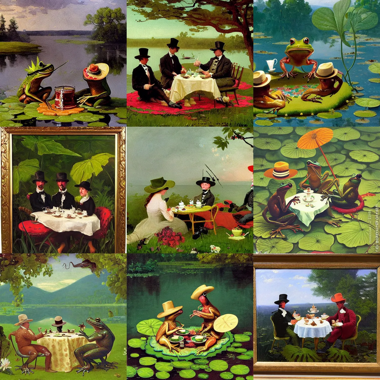 Prompt: romanticism oil painting of three fancy frogs wearing top hats having a tea party on a lillypad, whimsical, impasto painting, as painted by william bradford and winslow homer ”