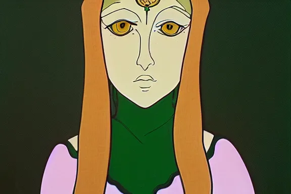 Image similar to the high priestess, animation cel, forest background, detailed, symmetrical face