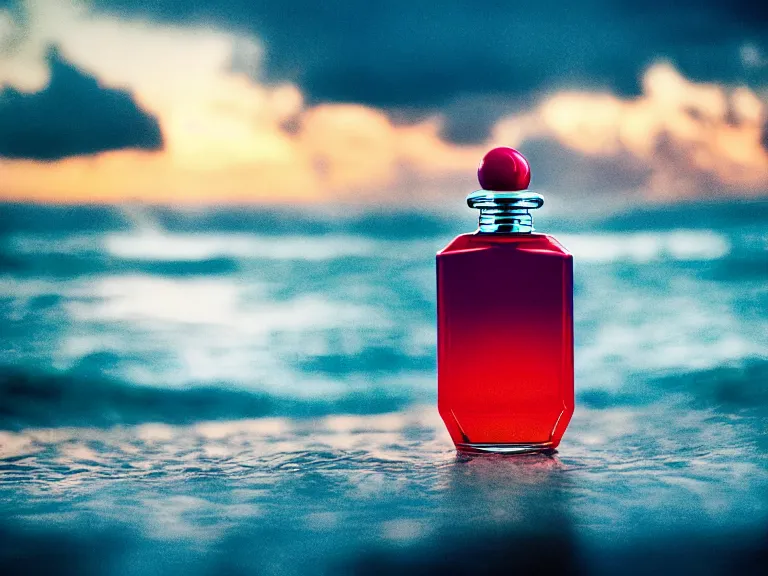 Image similar to cinestill 5 0 d surreal photography of perfume bottle emerging from swirling ocean waves and marmelade sunset sky / 4 style of nicholas fols, 2 0 0 mm, mute dramatic colours, soft blur outdoor stormy sea background, volumetric lighting, hyperdetailed, hyperrealistic