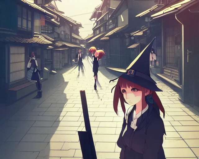 Prompt: key anime visual portrait of a young female witch walking through a busy village, ilya kuvshinov, dynamic pose, dynamic perspective, cinematic, dramatic lighting, muted colors, detailed silhouette, textured, anime proportions, kyoto animation, haibane renmei