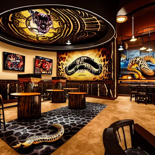 Image similar to interior view of a clockwork steampunk snakeprint temple, rolex alien golf course liminal space, buffalo wild wings las vegas temple interior liminal space, cowboy leopard with snake boots from tekken