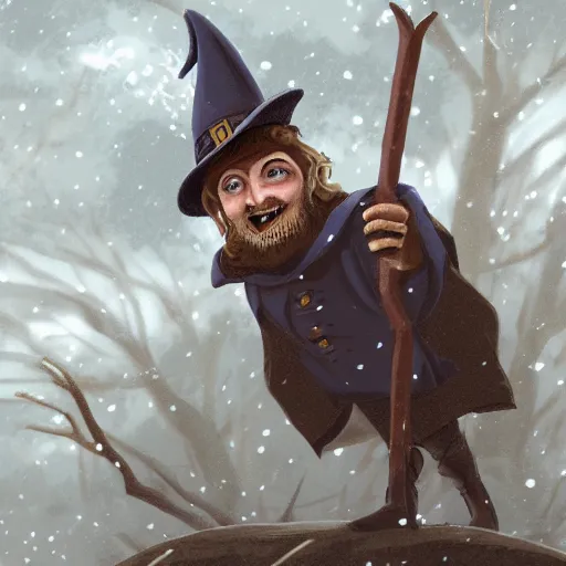 Prompt: wizard, flying on the broom, front view, trees, snowing, artstation