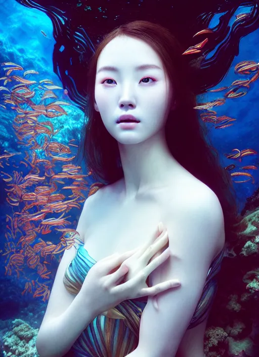 Prompt: an underwater photographic beauty portrait of jingna zhang, cinematic, volumetric lighting, fantasy, intricate, elegant, highly detailed, digital painting, artstation, concept art, smooth, sharp focus, illustration, art by ayami kojima, artgerm and h r giger and alphonse mucha