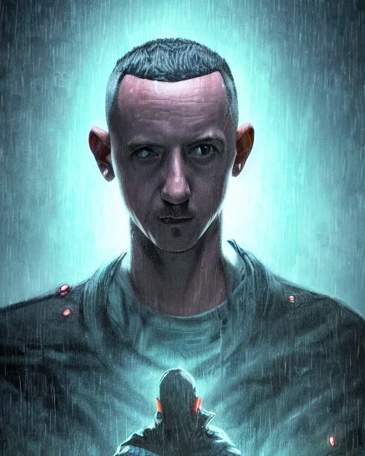 Image similar to An epic fantasy comic book style portrait painting of a very imposing Chester Bennington in the rain , neon reflections, character design by Mark Ryden and Pixar and Hayao Miyazaki, unreal 5, DAZ, hyperrealistic, octane render, cosplay, RPG portrait, dynamic lighting, intricate detail, cinematic