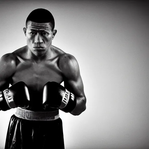 Image similar to black and white photo, portrait of k1 kickboxer by richard avedon, realistic, Leica, medium format, cinematic lighting, parallax, high resolution,