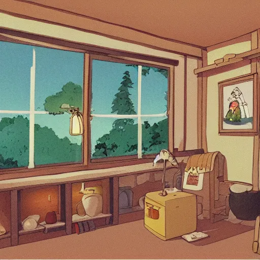 Image similar to studio Ghibli, the interior of a small cottage, warm lighting