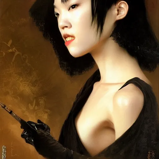 Image similar to detailed cinematic wide shot of beautiful attractive tao okamoto asian vampire woman wearing black bath robe slim face symettrical face clean skin black eyes black robe smooth, sharp focus, ultra realistic, spring light, painting by gaston bussiere, craig mullins, j. c. leyendecker