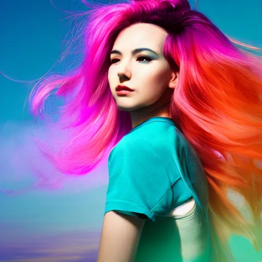 Image similar to a award winning half body portrait of a beautiful woman in a croptop with a ombre purple pink teal hairstyle with head in motion and hair flying, outrun, vaporware, vivid colors, highly detailed, fine detail, intricate