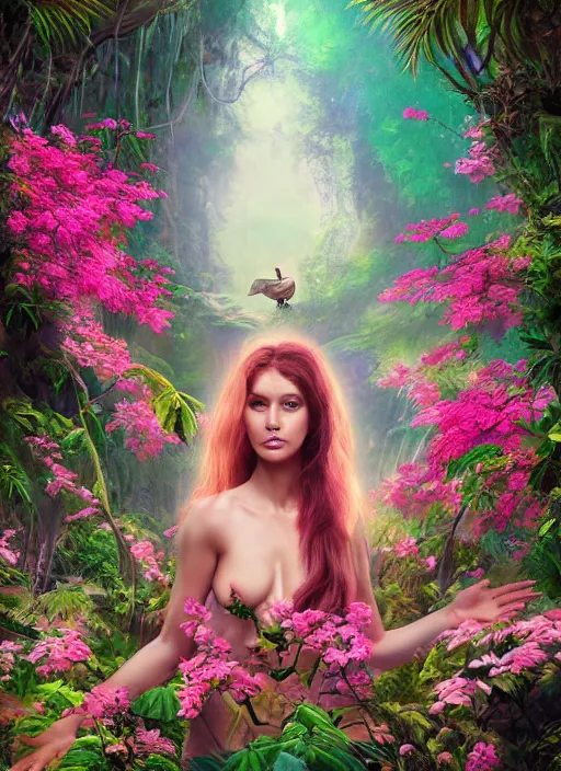 Prompt: a beautiful portrait of a beautiful woman in the jungle surrounded by pink flowers, shamanism, matte painting, fantasy art