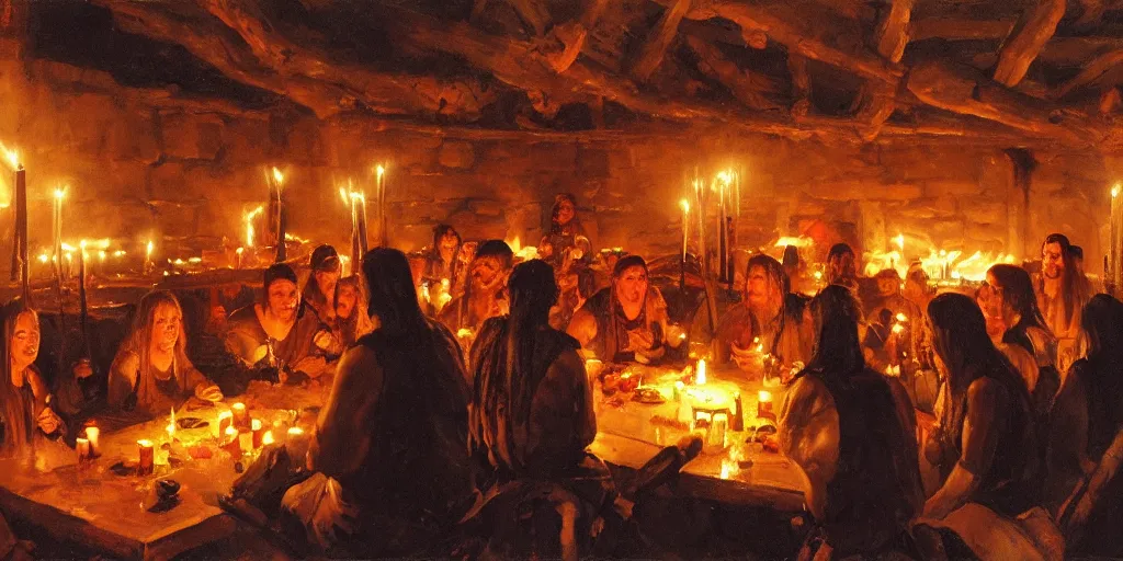 Image similar to cinematic shot of the inside of a Viking feasting hall, candlelight, boisterous atmosphere, by Gregory manchess