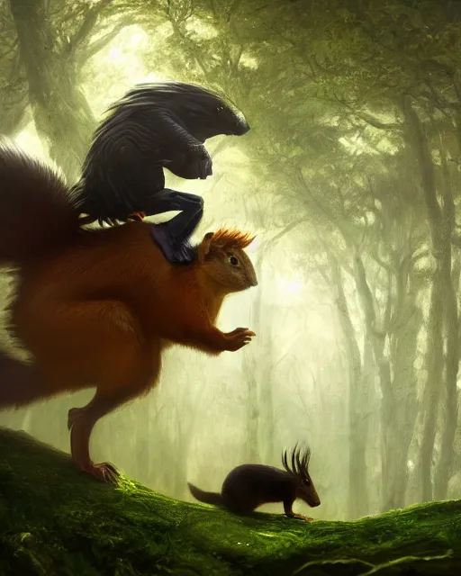 Image similar to oil painting of Donald Trump riding on Squirrel, wearing green cloak, sharp focus, fantasy style, octane render, volumetric lighting, 8k high definition, by greg rutkowski, highly detailed, trending on art Station, magic the gathering artwork, magical forest backround, centered