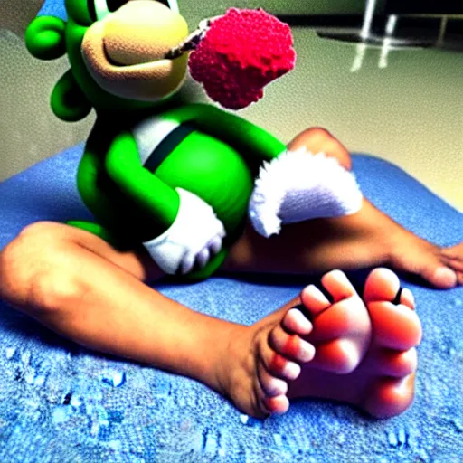 Image similar to yoshi licking his own toes while smoking a blunt