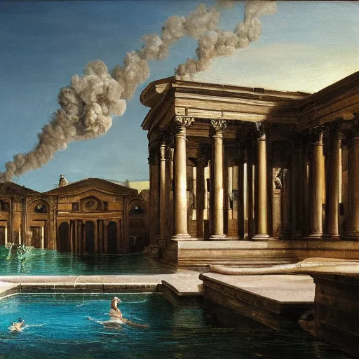 Prompt: painting of a roman bath, neo classical architecture, wisps of steam rising from the water