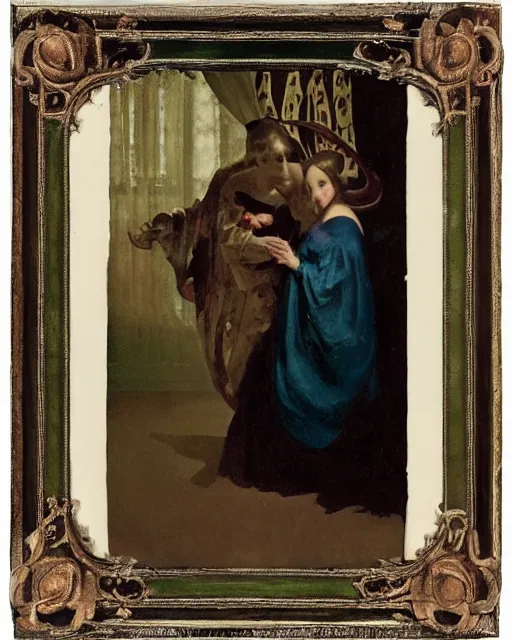 Prompt: a girl meeting the devil in the rain at night, baroque painting, delicate embellishments, painterly, offset printing technique, photographed on kodachrome by brom, robert henri, walter popp
