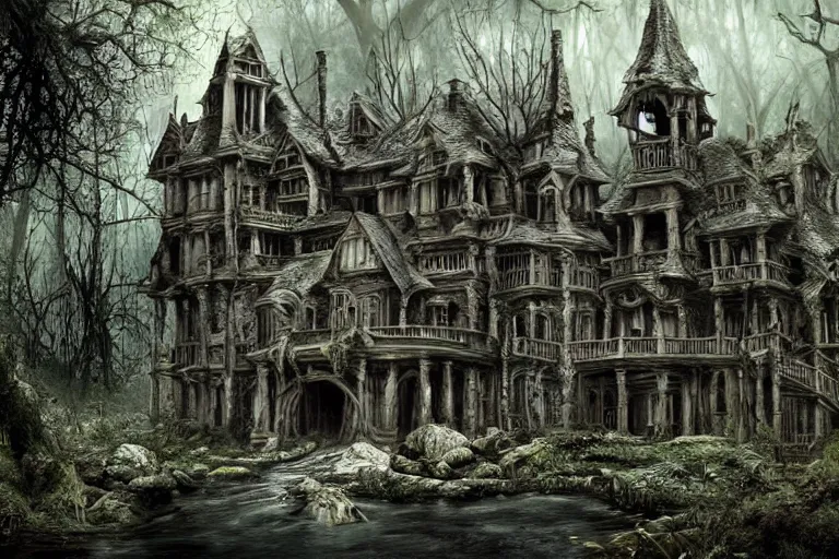 Image similar to haunted mansion next to a ravine and stream and forest, low fantasy, detailed, intricate, elegant, haunting, luxurious, ominous, matte painting, dark fantasy, grimdark