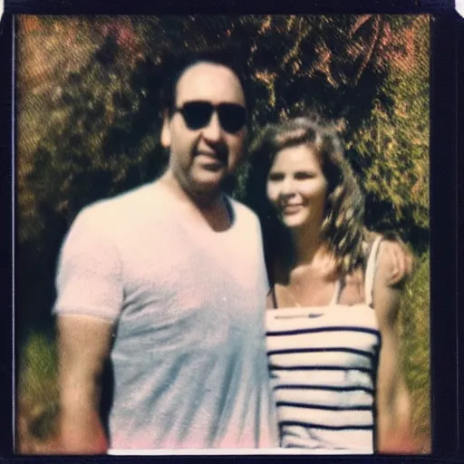 Prompt: found polaroid of my parents at beach, who look exactly like Taylor Swift and Nicolas Cage