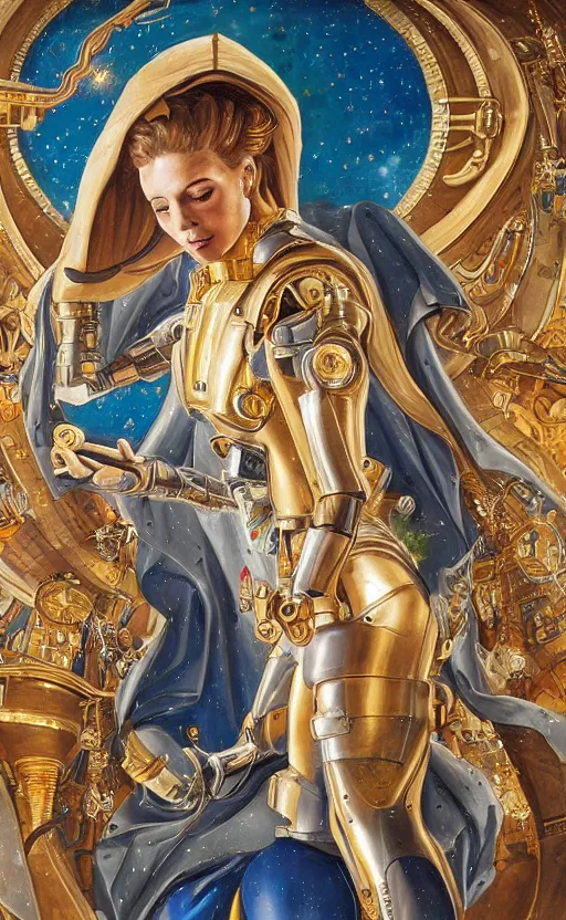 Image similar to mural of a young cyborg woman, beautiful royal gown, golden detailing, sci fi weapon, reaching towards the heavens, sci fi world, highly detailed holy imagery, renaissance mural, mural in the style of sandro boticceli