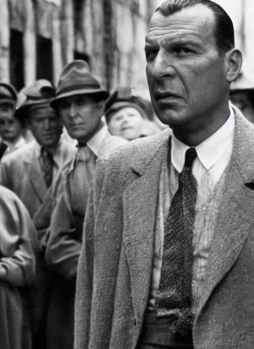 Image similar to film still of Pepe as Oskar Schindler in Schindler's List, 4k