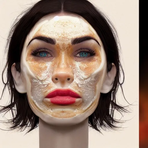Prompt: mayonnaise in the shape of a human face, human face made out of mayonnaise, megan fox made out of mayonnaise!!!!!, professional food photography, unreal engine