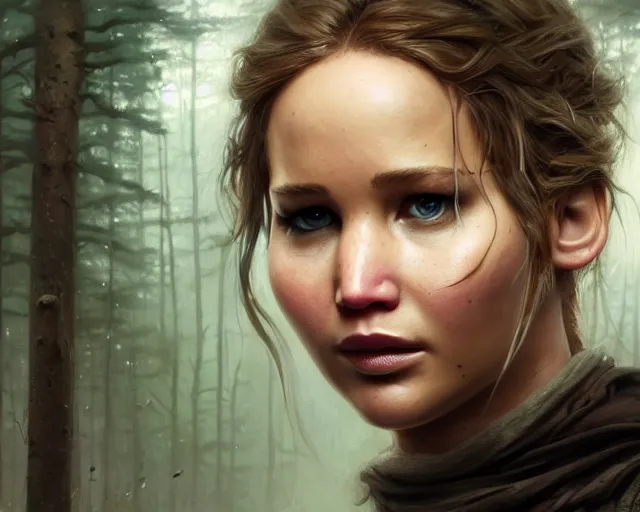 Image similar to highly detailed portrait of jennifer lawrence, in the walking dead, stephen bliss, unreal engine, fantasy art by greg rutkowski, loish, rhads, ferdinand knab, makoto shinkai and lois van baarle, ilya kuvshinov, rossdraws, tom bagshaw, global illumination, radiant light, detailed and intricate environment