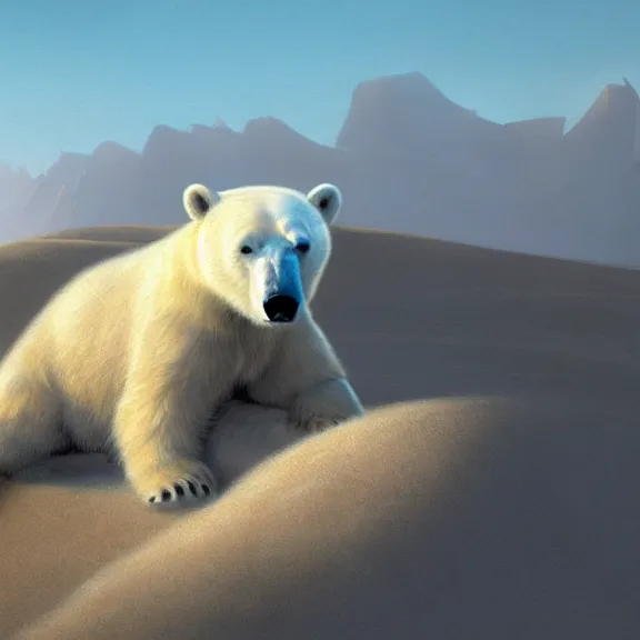 Image similar to polar bear in the desert, painting by Craig Mullins, octane rendering, soft morning lighting, wide angle lens, in the style of Hayao Miyazaki, trending on artstation,