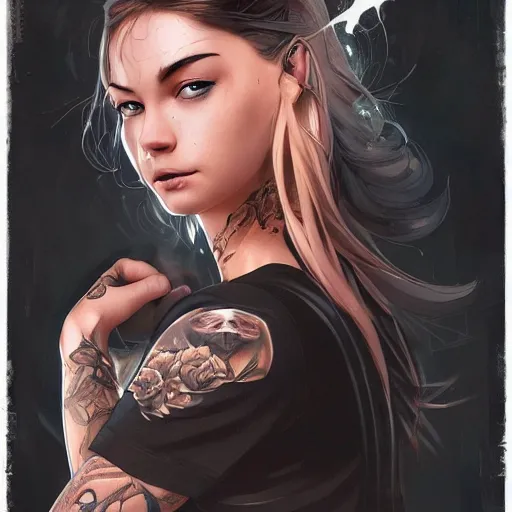 Image similar to enchanting bar maid, tattoos, black t - shirt, black skirt, detailed portrait, intricate complexity, by greg rutkowski, artgerm, ross tran, conrad roset, takato yomamoto, ilya kuvshinov. 4 k, beautiful, cinematic dramatic atmosphere