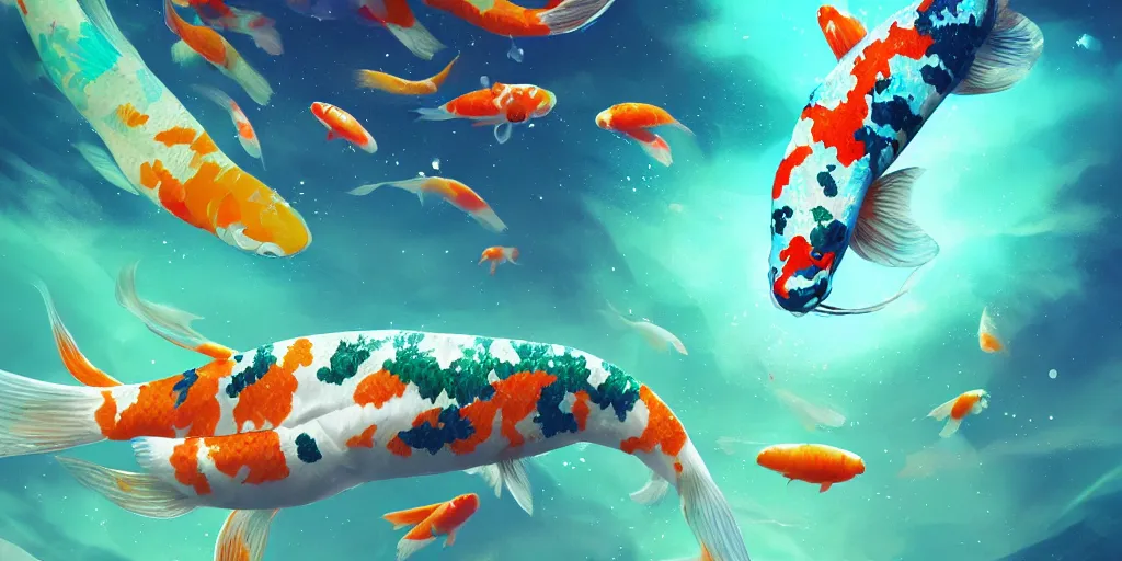 Image similar to koi fish floating in space, turquoise and emerald background, realistic detailed digital art by maxwell boas, jessica rossier, christian dimitrov, anton fadeev, trending on artstation, cgsociety, rendered in unreal engine, shadow of the tomb rider, soft colors, 4 k, hq