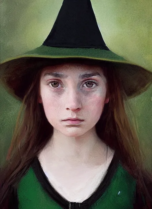Image similar to a portrait of a thirteen year old girl with brown hair and a stern expression. she is wearing a green dress and a black pointed witch hat. beautiful painting with highly detailed face by greg rutkowski and magali villanueve